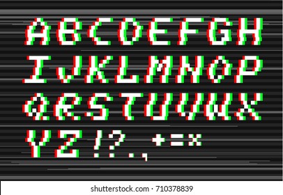 Vector glitch pixel 8bit style alphabet. Latin letters and punctuation symbols