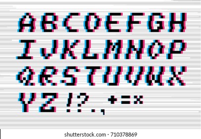 Vector glitch pixel 8bit style alphabet. Latin letters and punctuation symbols