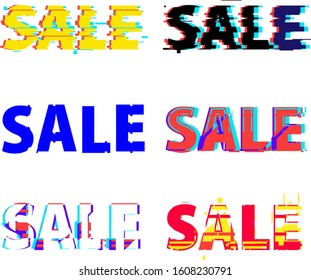 Vector glitch sale collection. Various sale typography set. Sale and business concept. Creative business. Glitch art. 