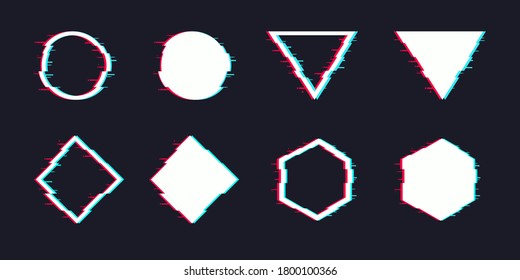 Vector glitch set. Digital distorted geometric shapes square, triangle, circle, rhombus. TV distortion logo.