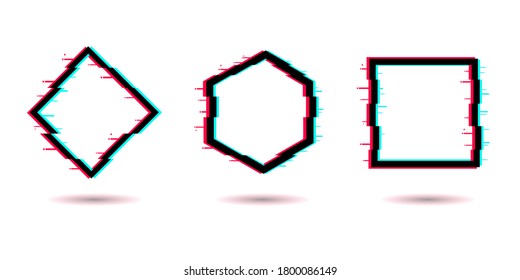 Vector glitch set. Digitally distorted geometric shapes square, pentagon, rhombus. TV distortion logo.
