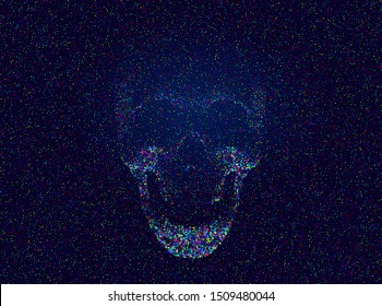 Vector glitch skull. Human skull front view, lit from underneath, made by small dots, colorful particles and pixels.