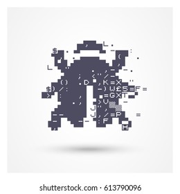 Vector glitch software bug icon. Beetle pictogram with glitch effect: random numbers and symbols.