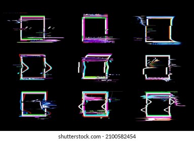 Vector glitch square frames. Set of 9 glitched squares shapes, abstract deformed geometry frames with noise glitches isolated on black background.