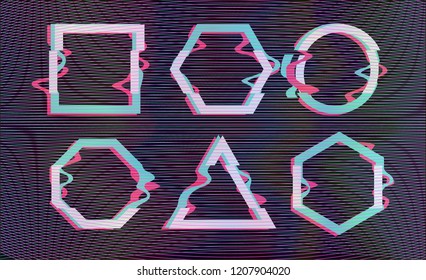 Vector glitch-art cyberpunk frames set. Geometric shapes with TV distortion effect. Circle, triangle, hexagon and square with vhs glitch effect. Applicable for banner design, party flyer etc.