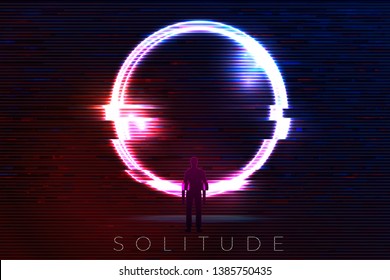 Vector glitched banner, poster design template in futurism style, with bright circle over the mountains. With a man standing in front of it, solitude travel concept.