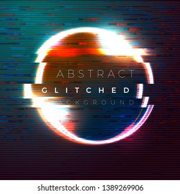 Vector glitched banner, poster design template in futurism style, with bright circle in the air.