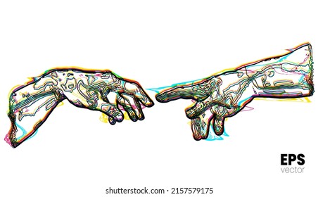 Vector glitched illustration of hands reaching out for touch in RGB color offset relief curves halftone vintage style design isolated on white background.