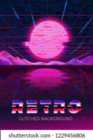 Vector glitched poster design template in 80s retro futurism style, with futuristic digital sun over the river and mountains with reflection. Summer journey concept.