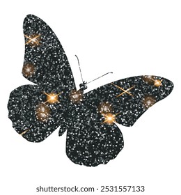 Vector glitter black butterfly on white background. Black shiny butterfly.