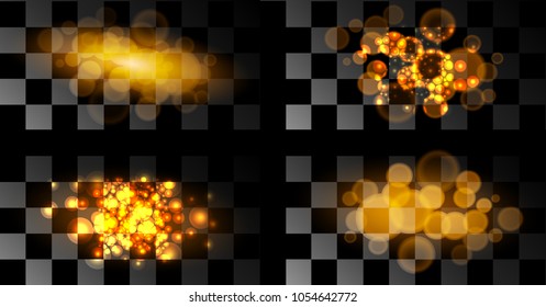 Vector. Glitter bokeh glare, sparks hot, the heat from the flames, shimmering glitter, Golden, fiery glow on a transparent background. realistic 3D illustrations