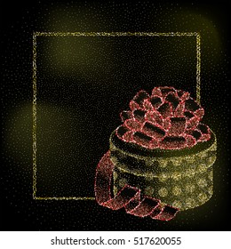 Vector glitter decoration with golden present and red bow.