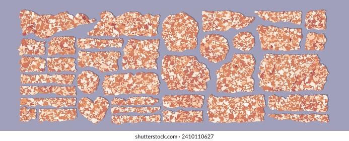 Vector glitter gold paper strips with torn edges. Unique glittering isolated stickers. Chic festive photo or note sticker for ad, print or web, layout element, clip-art, scrapbook embellishment