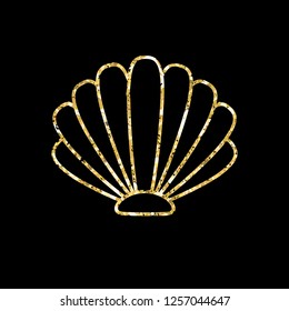 Vector glitter golden line drawn icon of shell isolated on black background 