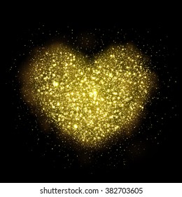 Vector glitter heart of glowing sparkle particles in space. Glittering shining heart on black background