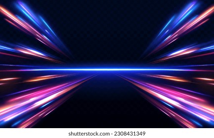 Vector glitter light fire flare trace. Abstract image of speed motion on the road. Dark blue abstract background with ultraviolet neon glow, blurry light lines, waves