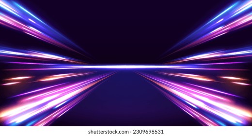 Vector glitter light fire flare trace. Abstract image of speed motion on the road. Dark blue abstract background with ultraviolet neon glow, blurry light lines, waves