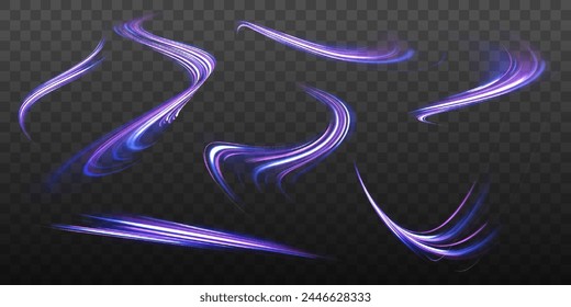 Vector glitter light fire flare trace. Blue light trails, long time exposure motion blur effect. light motion background with car silhouette. Vector Illustration.	
