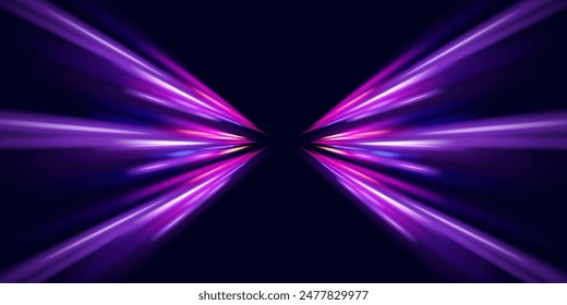 Vector glitter light fire flare trace. Abstract image of speed motion on the road. Dark blue abstract background with ultraviolet neon glow, blurry light lines, waves