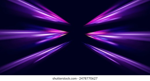 Vector brillo luz fuego bengala traza. Imagen Abstractas del movimiento de la velocidad en la carretera. Fondo abstracto azul oscuro con brillo de neón ultravioleta, líneas de luz borrosa, ondas