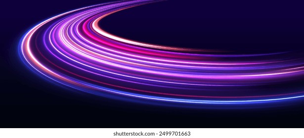 Vector glitter light fire flare trace. Abstract image of speed motion on the road. Dark blue abstract background with ultraviolet neon glow, blurry light lines, waves.	
