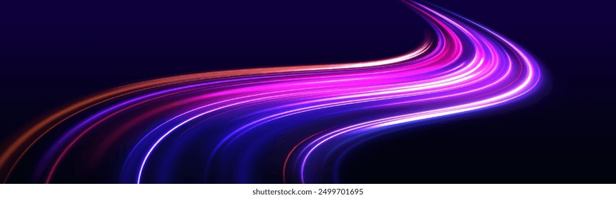 Vector glitter light fire flare trace. Abstract image of speed motion on the road. Dark blue abstract background with ultraviolet neon glow, blurry light lines, waves.	
