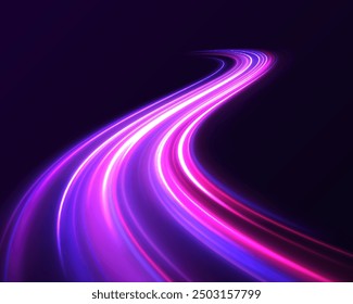 Vector glitter light fire flare trace. Abstract image of speed motion on the road. Dark blue abstract background with ultraviolet neon glow, blurry light lines, waves.	
