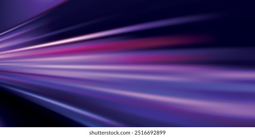 Rastreamento de clarão de luz de brilho vetorial. Imagem abstrata do movimento da velocidade na estrada. Fundo abstrato azul escuro com brilho de néon ultravioleta