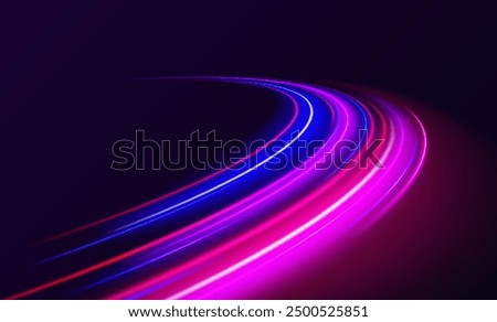 Vector glitter light fire flare trace. Abstract image of speed motion on the road. Dark blue abstract background with ultraviolet neon glow, blurry light lines, waves.	
