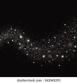 Vector glitter particles background effect for luxury greeting rich card. Sparkling texture. Star dust sparks in explosion on transparent background. Space comet tail