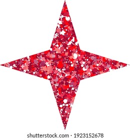 Estrella de cuatro puntas roja brillante vectorial. Calificación, premio e insignia. Elemento para el afiche publicitario para restaurante, boutique y cafetería, joyería, fiesta de moda. Objetos aislados. Ilustración vectorial plana.