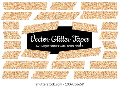 Vector Glitter Rose Gold Tape Strips With Torn Edges. 24 Unique Glittering Isolated Stickers. Chic Festive Photo Or Note Sticker For Ad, Print Or Web, Layout Element, Clip-art, Scrapbook Embellishment