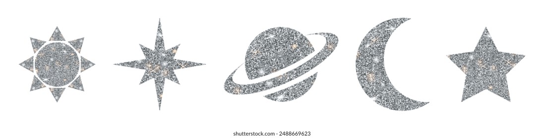 Vector glitter silver set of celestial bodies. set of celestial bodies. Planet, stars, sun, moon, space. Cosmic bodies.