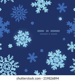 Vector glitter snowflakes dark circle frame seamless pattern background