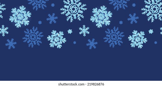 Vector glitter snowflakes dark horizontal border seamless pattern background