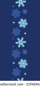 Vector glitter snowflakes dark vertical border seamless pattern background