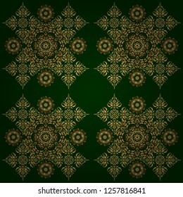 Vector glitter textured seamless pattern with golden elements and ornaments. Perfect for holidays. Golden floral motif on a green background.
