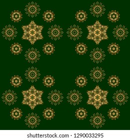 Vector glitter textured seamless pattern with golden elements and ornaments. Perfect for holidays. Golden floral motif on a green background.