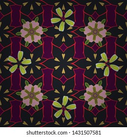 Vector glitter textured seamless pattern with gray, yellow and purple elements. Stylized ornament. Perfect for holidays.