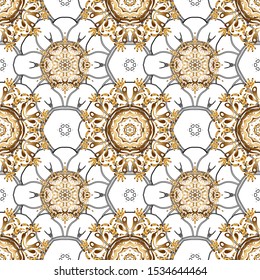 Vector glitter textured seamless pattern with golden elements and ornaments. Golden floral motif on a background. Perfect for holidays.