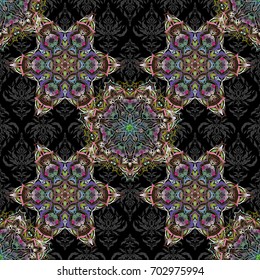Vector glitter textured seamless pattern with brown, blue and green elements. Perfect for holidays. Stylized ornament on a black background.