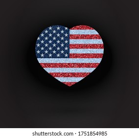Vector glittering heart with flag USA on black background.