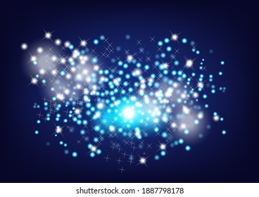 Vektorglitzernde Sterne und unscharfe Lichter auf dunkelblauem Hintergrund.

