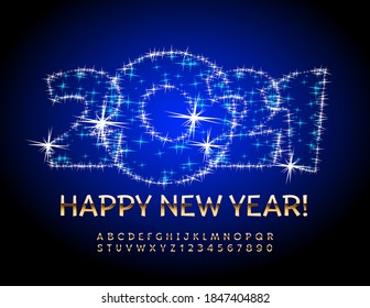 Vector glittering stars greeting card Happy New Year 2021! Gold Letters and Numbers set