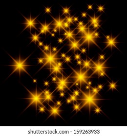 Vector glittering stars on golden glittering background.