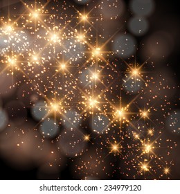 Vector glittering stars on golden glittering Christmas background.