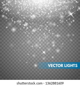 Vector glitters on a transparent background. Christmas abstract .White sparks. Sparkling particles of fairy dust Vector illustration