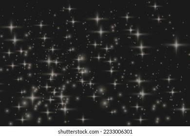 Vector glitters on a transparent background. Christmas abstract pattern. White sparks and golden stars sparkle with a special light effect. Sparkling particles of fairy dust.