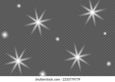 Vector glitters on a transparent background. Christmas abstract pattern. White sparks and golden stars sparkle with a special light effect. Sparkling particles of fairy dust.