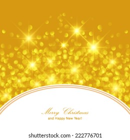 Vector glittery gold Christmas background with place for new year text invitation.